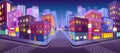 Panorama city building houses with shops: boutique, cafe, bookstore, mall crossing and traffic light .Vector illustration in carto